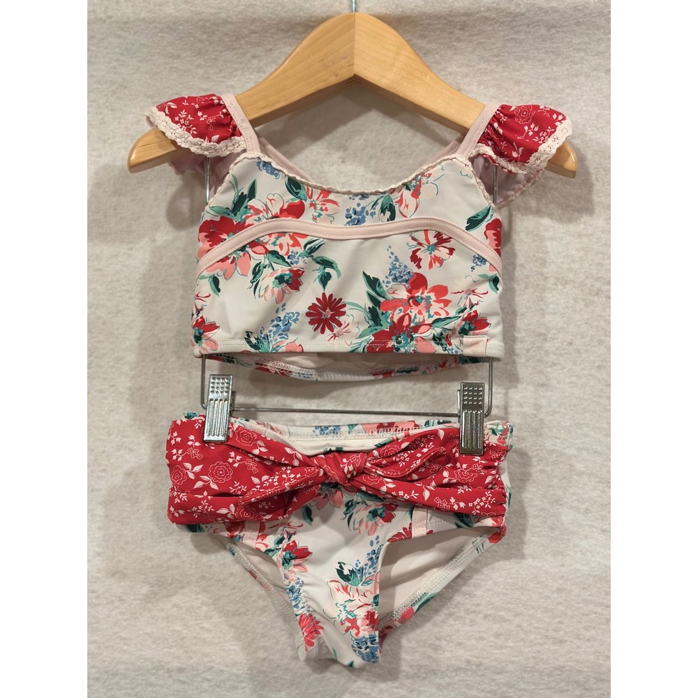 SweetHoney Girls‎ Red Floral Bikini Two Piece Swimsuit Flutter Sleeve Bow 4T